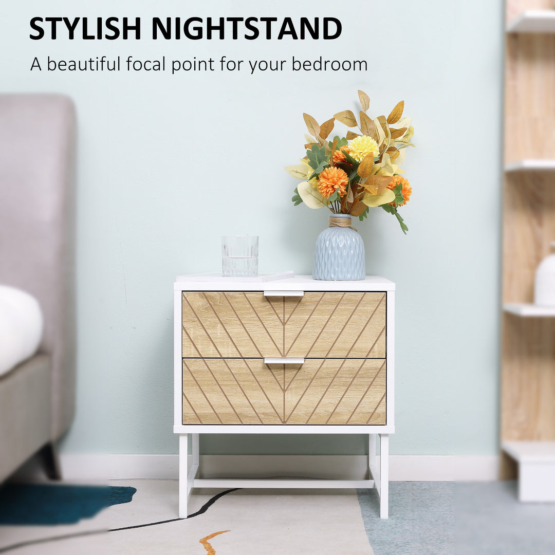 HOMCOM Contemporary Bedside Cabinet: White & Oak Nightstand with 2 Drawers, Metal Frame, Sofa Side Table | Aosom UK