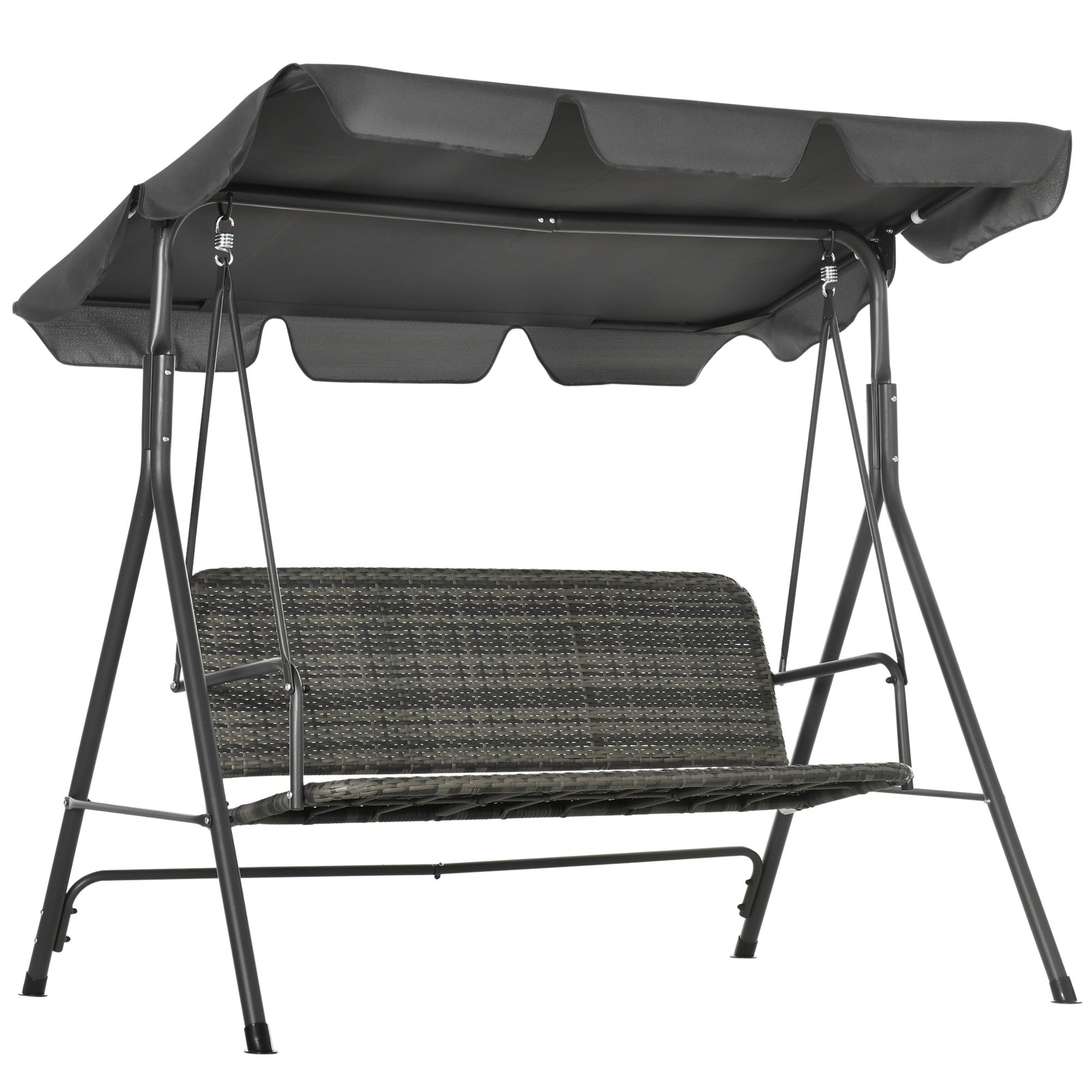 3-Seater Outdoor PE Rattan Swing Chair, Patio Wicker Hanging Swing Bench with Steel Frame Stand & Adjustable Canopy, Grey