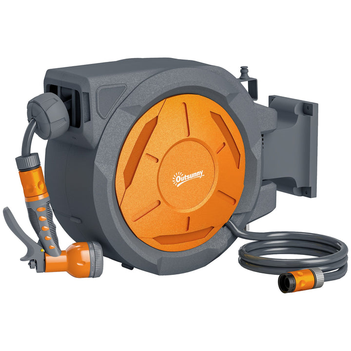 Outsunny Retractable Hose Reel Wall Mounted, 30+2m Garden Hose Pipe Reel with Lock, Auto Rewind, 7 in 1 Spray Nozzle, Includes Wall Fixings, 180° Swivel, Outdoor Watering