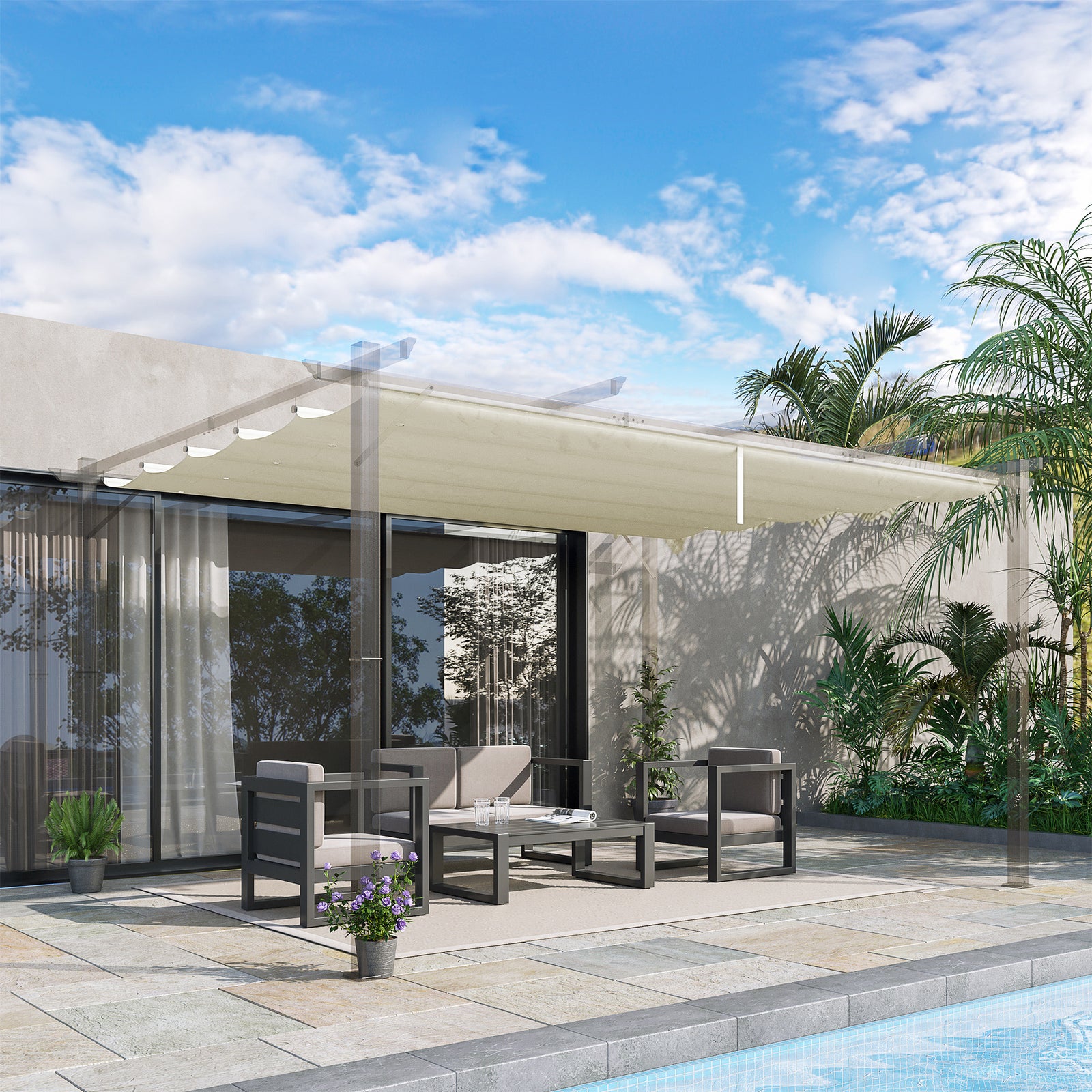 Retractable Pergola Shade Cover, Replacement Canopy for 4 x 3 (m) Pergola, Retractable Roof, Cream White