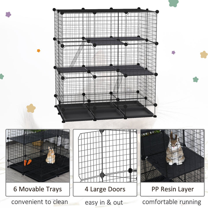 Pawhut 3 Level DIY Pet Playpen Metal Small Animal Cage Guinea Pig Rabbit Ferret Chinchillas Cage 4 Doors Bottom Trays Black | Aosom UK