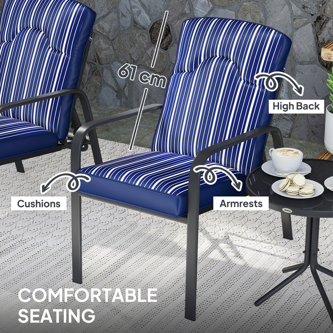 Outsunny 3-Piece Patio Bistro Set, 5-Position Adjustable Recliner Garden Chairs and Tempered Glass Table, Garden Furniture Set with Cushions, High Back, Armrests, Metal Frame for Balcony Patio, Blue