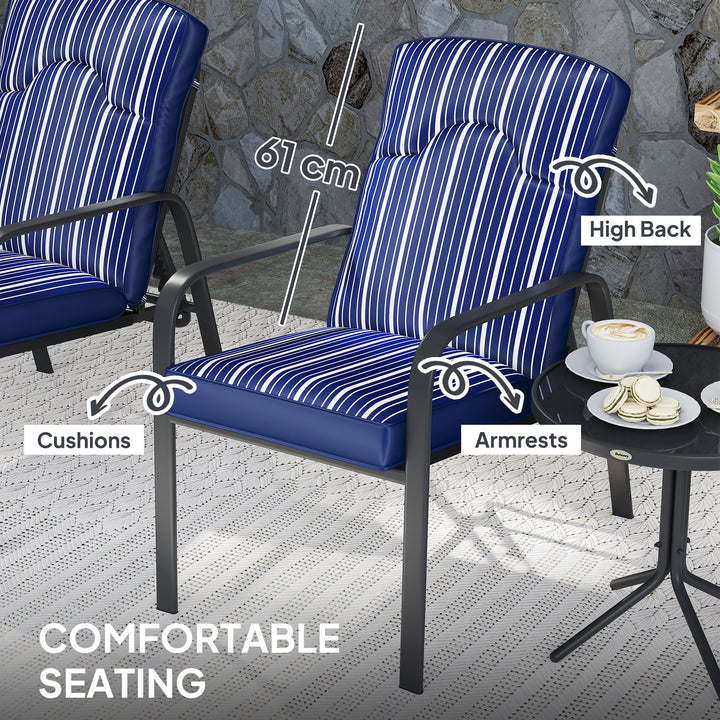 Outsunny 3-Piece Patio Bistro Set, 5-Position Adjustable Recliner Garden Chairs and Tempered Glass Table, Garden Furniture Set with Cushions, High Back, Armrests, Metal Frame for Balcony Patio, Blue