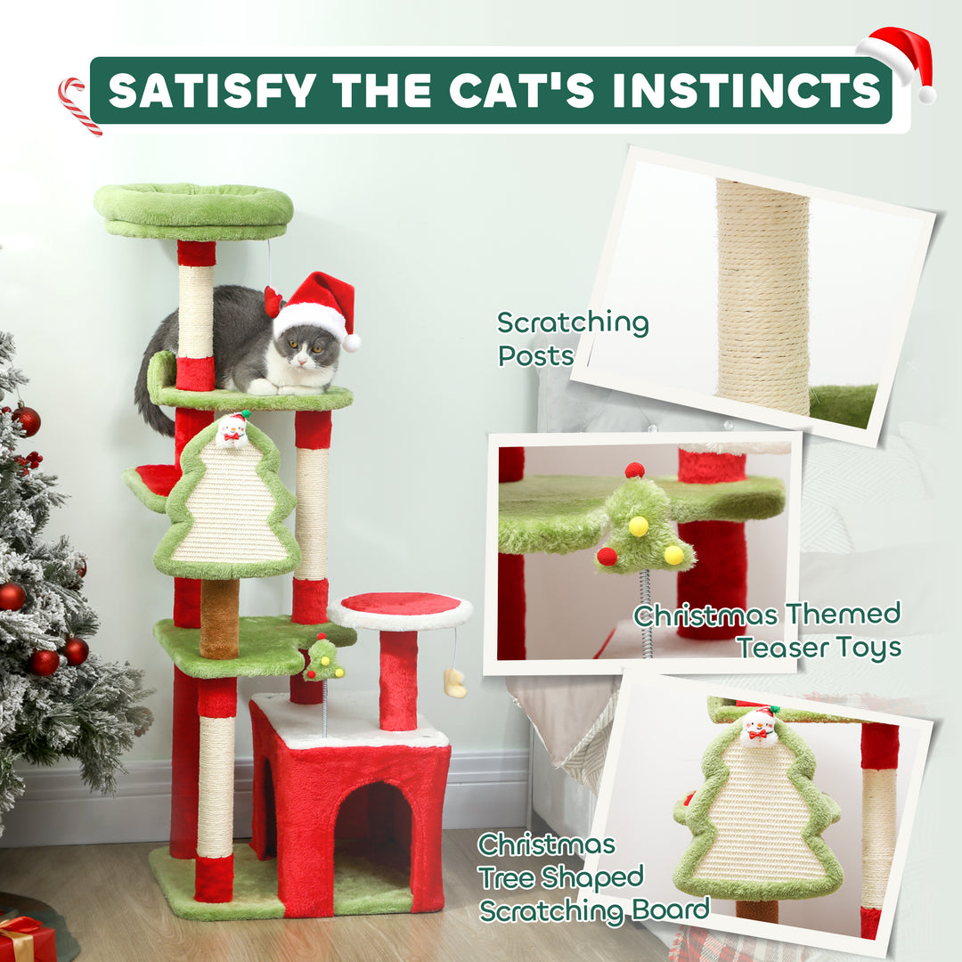 MCL Cat Tree, 120cm Christmas Cat Tower with 3 Scratching Posts, Scratching Board, 2 Perches, Platforms, Toys, Green