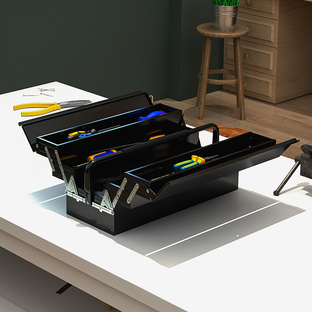 3 Tier Metal Toolbox, 5 Tray Professional Portable Tool Box with Carry Handle for Workshop, 56cmx20cmx34cm, Black