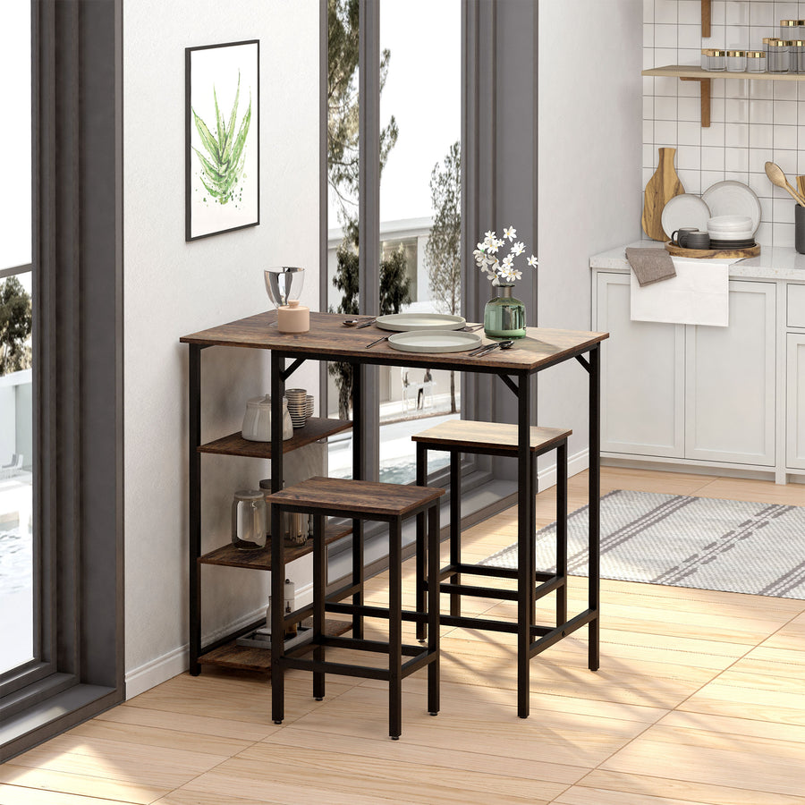 Industrial Bar Height Dining Table Set With 2 Stools & Side Shelf, 3 Pieces Coffee Table for Dining Room, Kitchen, Dinette