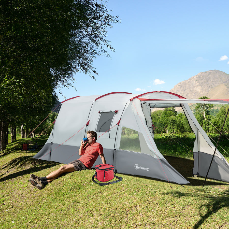 6-8 Person Tunnel Tent, Camping Tent with Bedroom, Living Room, Sewn-in Floor, 3 Doors and Carry Bag, 2000mm Water Column for Fishing, Hiking, Sports, and Traveling, Grey