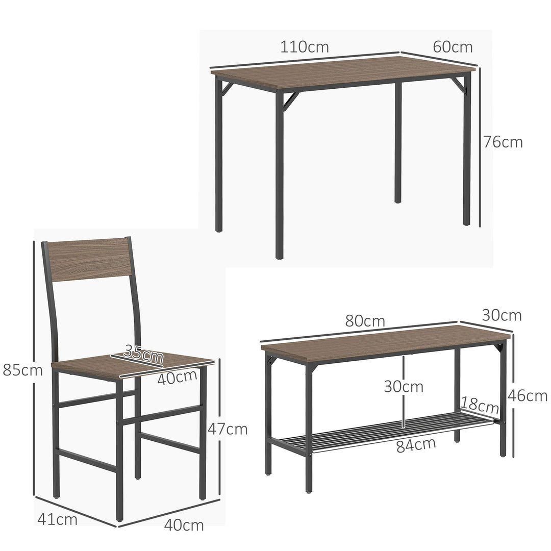 HOMCOM Dining Room Sets with 2 Chairs and a Bench, Dining Table and Chairs Set with Steel Frame and Storage Layer, Grey | Aosom UK