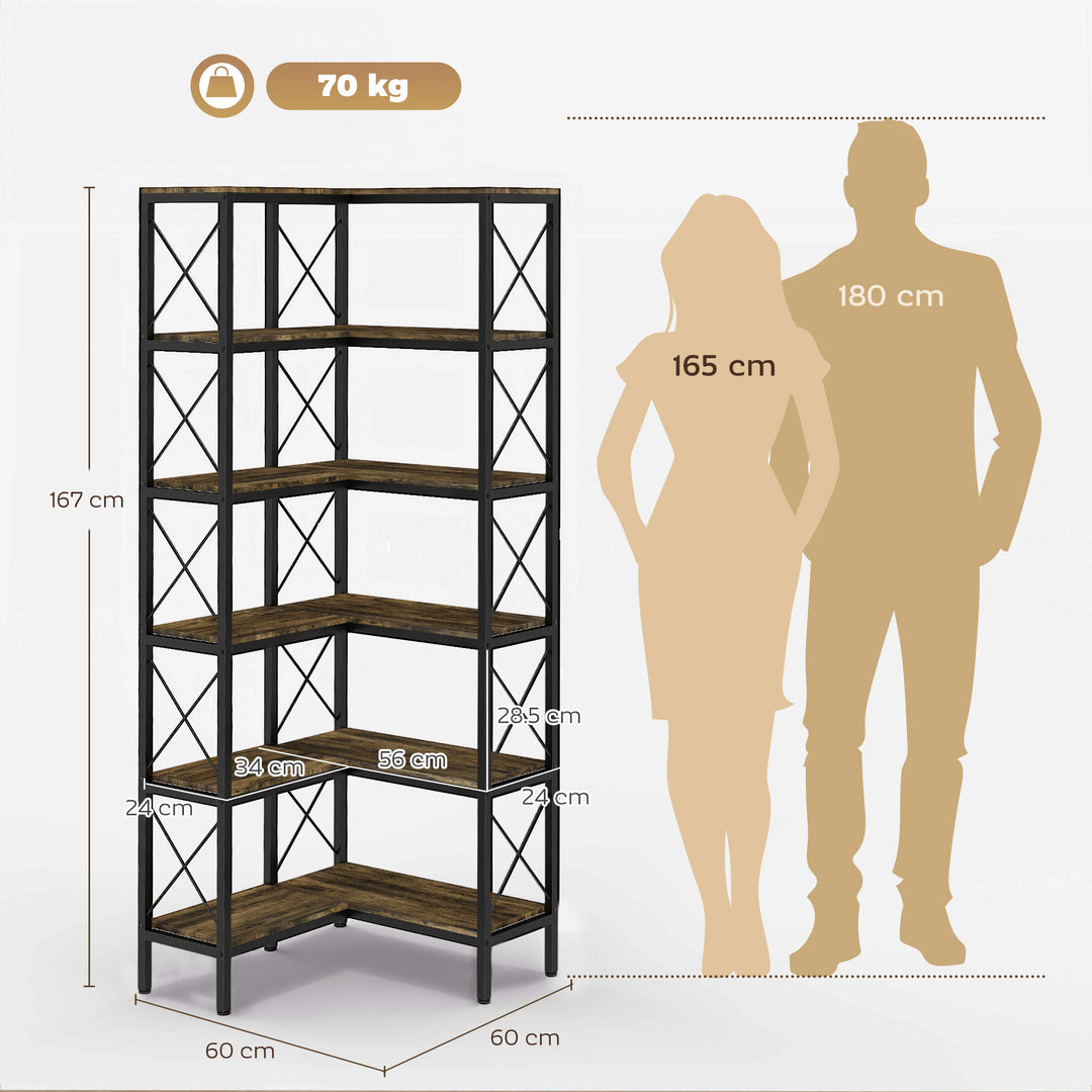 5-Tier L-Shaped Bookshelf, Freestanding Corner Bookcase with Metal Fra