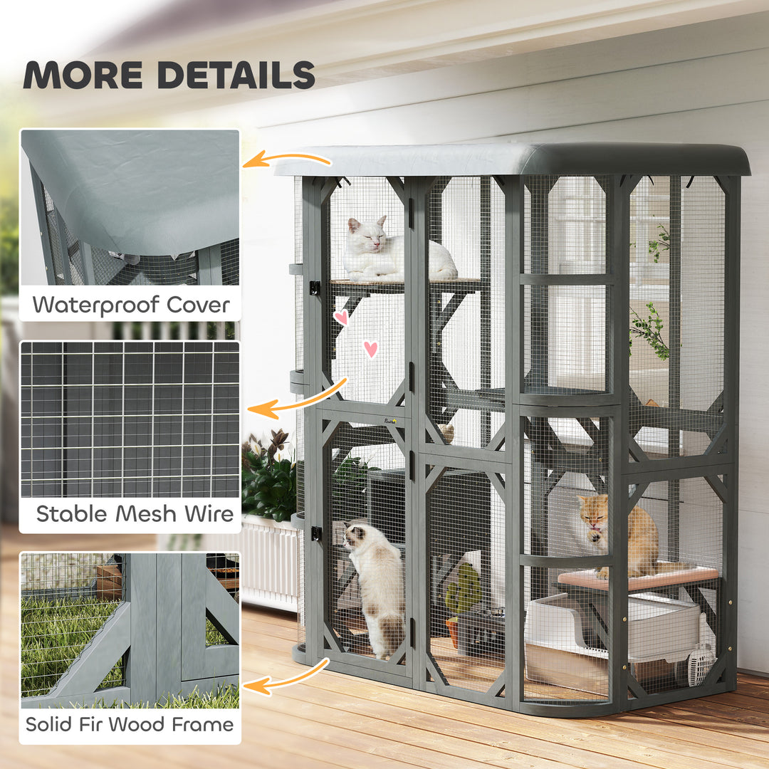 Catio Outdoor Cat Enclosure, Wooden Cat House with Platforms, Condo and Waterproof Cover for 2–3 Kittens