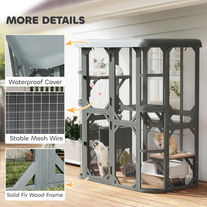Catio Outdoor Cat Enclosure, Wooden Cat House with Platforms, Condo and Waterproof Cover for 2–3 Kittens