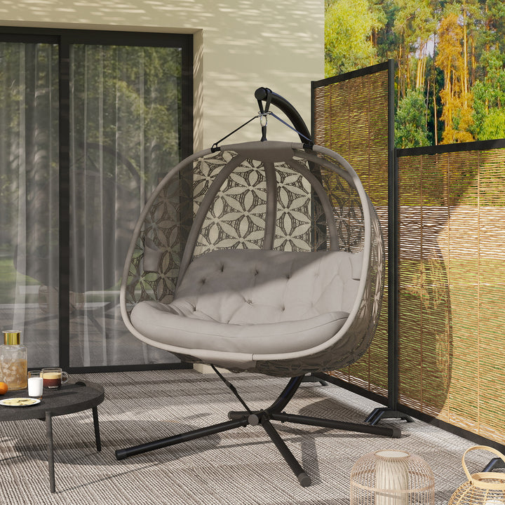 Outdoor Double Hanging Chair with Cushion and Cup Holders, Sand Brown