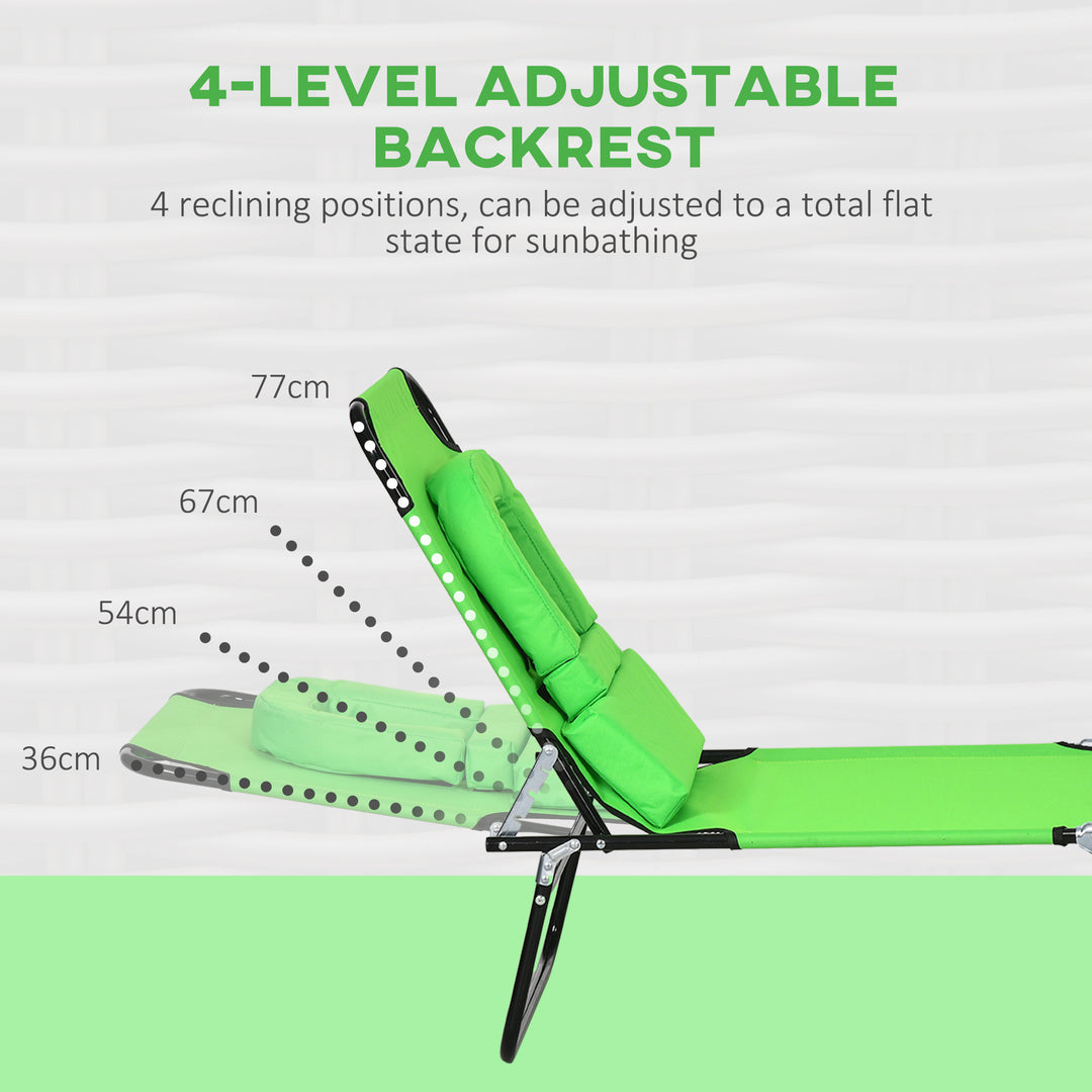 Outdoor Folding Sun Lounger Set of 2 with Face Hole, 4 Level Adjustable Backrest Reclining Garden Lounger, Garden Recliner Sunbed with 600 D Oxford Cloth Seat and Pillow for Beach, Green