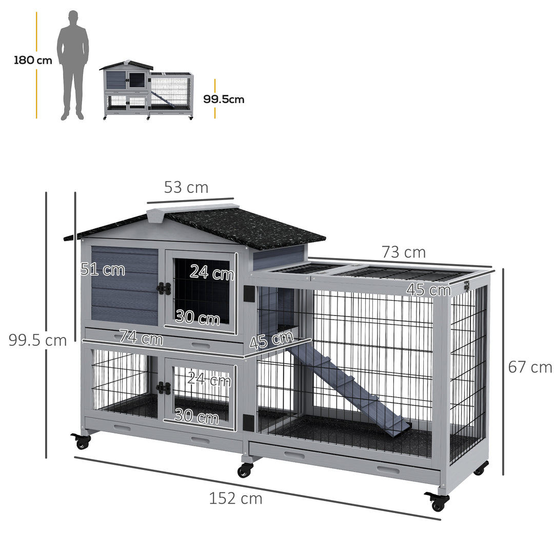 PawHut Portable Rabbit Cage, Rabbit Hutch with Run, Wheels, 3 Slide