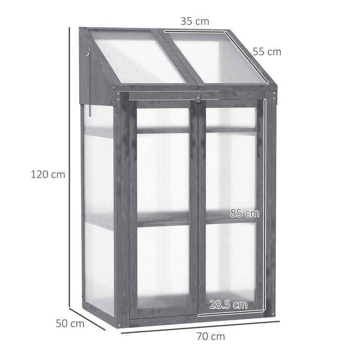 Wooden Cold Frame Polycarbonate Greenhouse with Openable Top Cover and Double Door, Grow House for Flower, Vegetable and Plants, 70 x 50 x 120cm, Grey