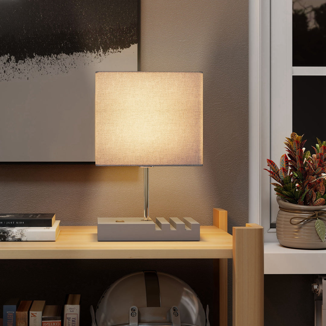 Bedside Lamp with USB A+C Charging Ports and 3 Phone Stands, Modern Table Lamp with Solid Wood Base and Fabric Shade for Bedroom Living Room Office, E27 Socket, Bulb Not Included