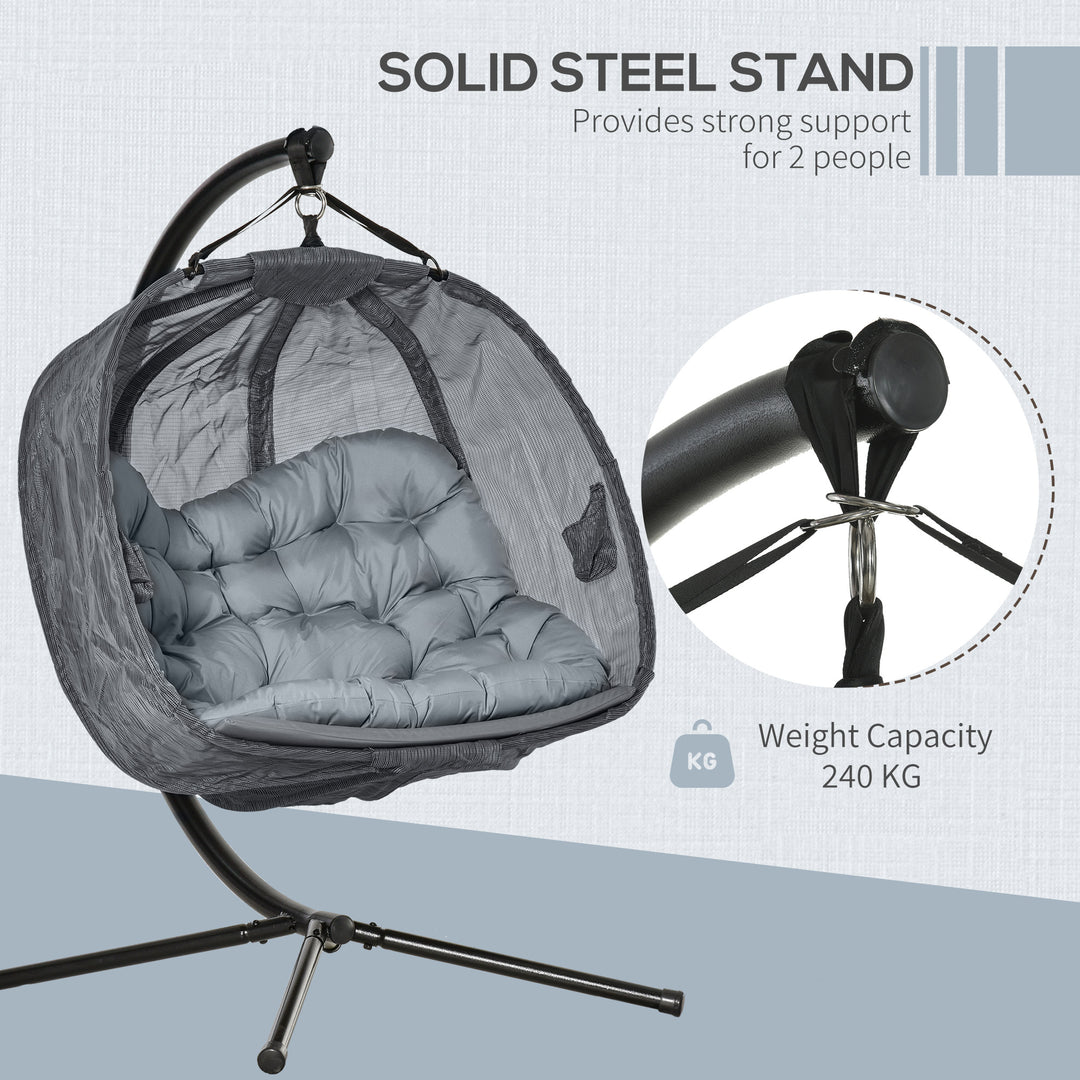 Double Hanging Egg Chair 2 Seaters Texteline Swing Hammock Chair with Stand, Cushion and Folding Design, for Indoor and Outdoor, Grey