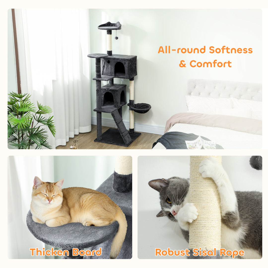 MCL 180cm Large Cat Tree Tower with Sisal Scratching Posts, Condos, Plush Perches, Hammock, Ladder, Dark Grey