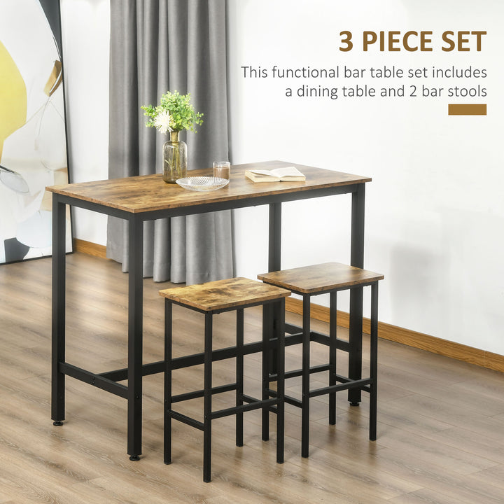 120x60cm Bar Table Set, Breakfast Table with 2 Stools, 3-Piece Counter Height Dining Table & Chairs for Kitchen, Living Room, Rustic Brown