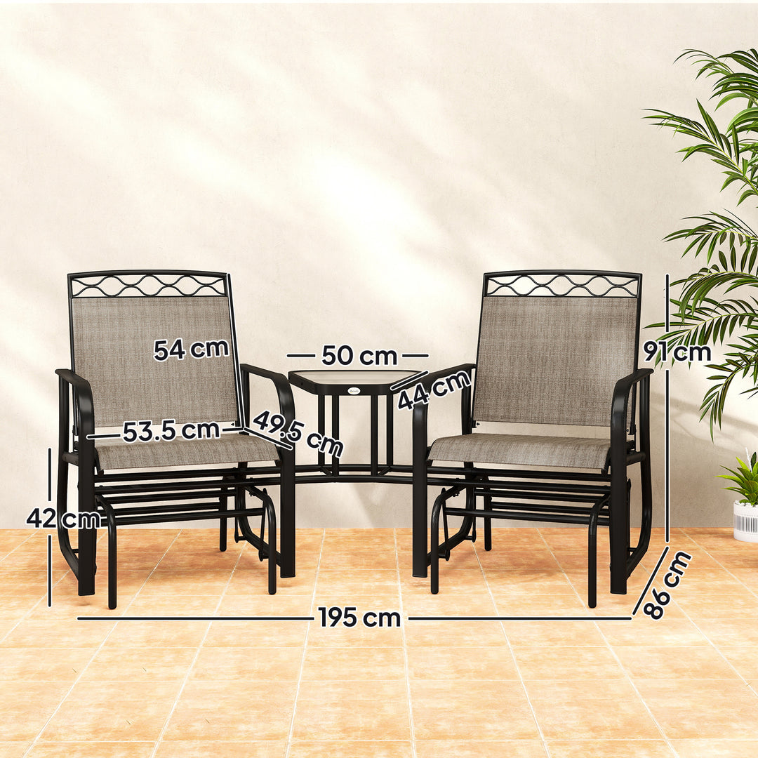 MCL Double Outdoor Glider Chair, 2 Seater Patio Rocking Chairs, Swing Bench with Tempered Glass Table, Breathable Mesh Fabric for Backyard, Garden, Porch, Brown