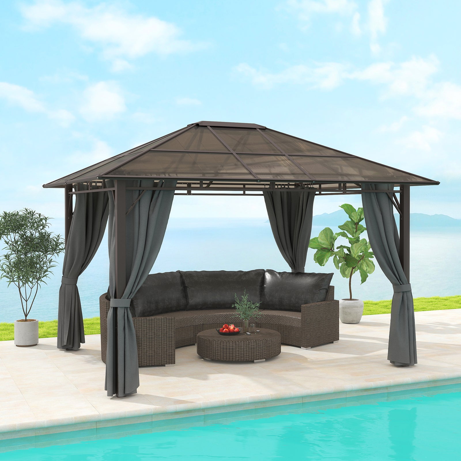 3 x 3.6m Hardtop Gazebo Canopy with Polycarbonate Roof Garden Pavilion with Removable Curtains and Steel Frame, Dark Grey