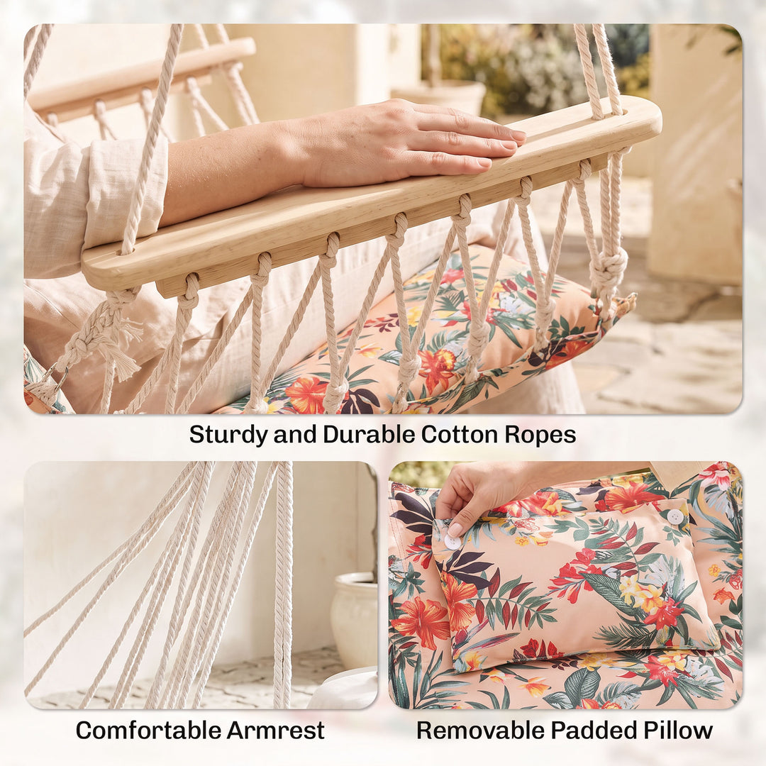 Garden Outdoor Hanging Hammock Chair Thick Rope Frame Wooden Arms Safe