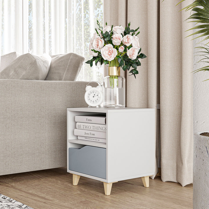 HOMCOM Contemporary Bedside Table, Compact Side Table with Drawer, Shelf, and Wooden Legs, 36.8x33x43.8cm, Grey and White