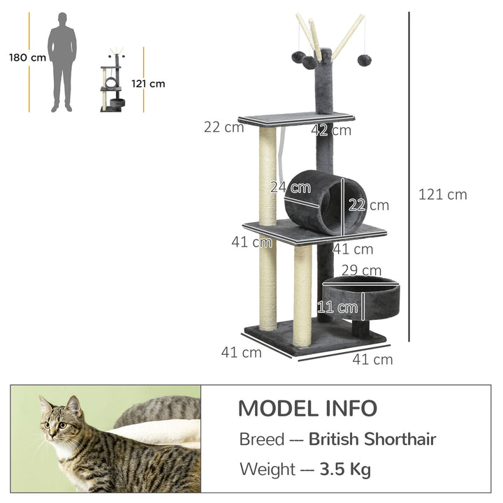 PawHut Cat Tree Tower 121cm, Kitten Activity Centre with Scratching Post, Bed, Tunnel, Perch, Interactive Ball, Grey. | Aosom UK