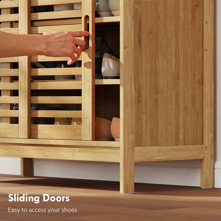 Bamboo Shoe Cabinet with 2 Sliding Slat Doors, 16Pairs, Adjustable - view 6