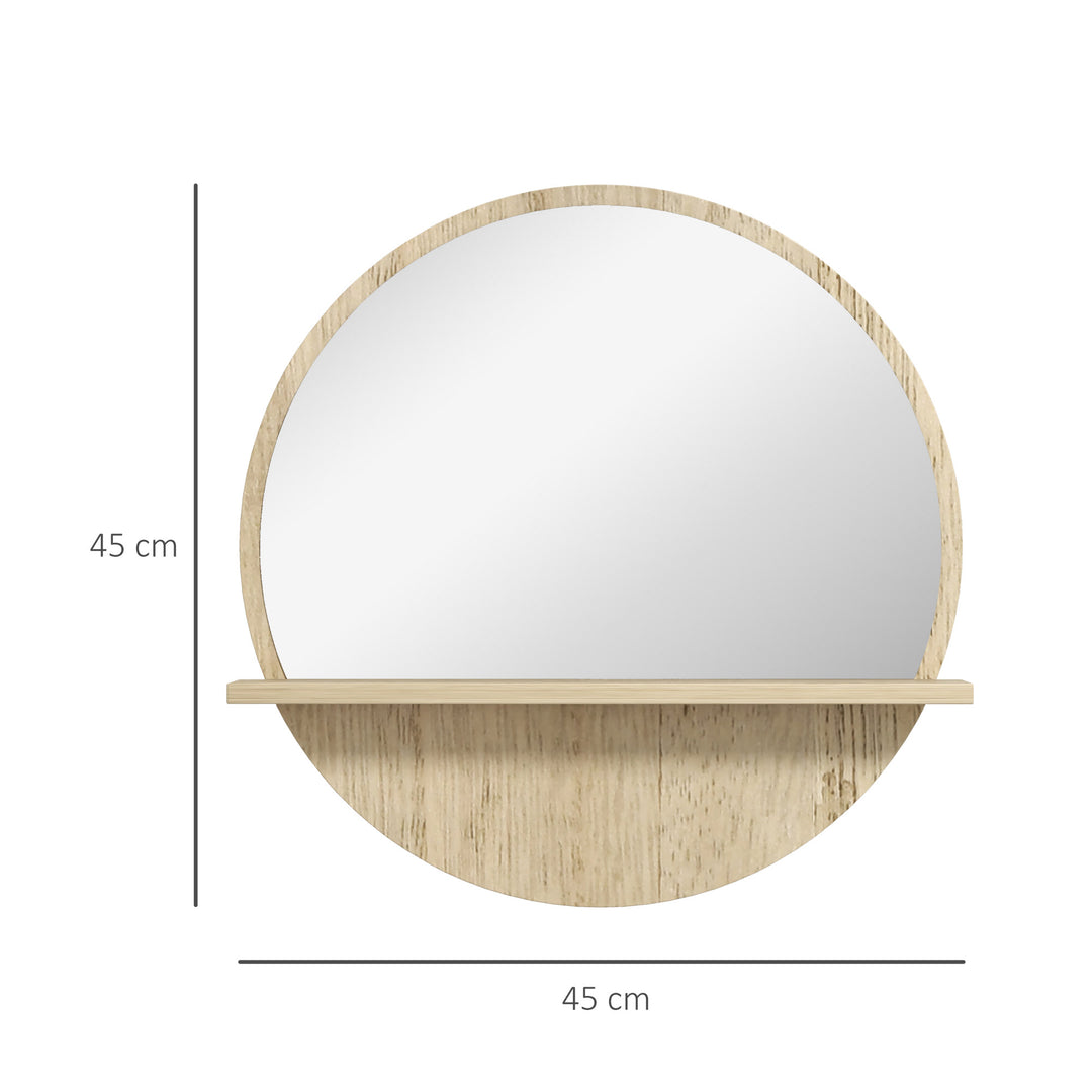 kleankin Decorative Wall Mirror: 45cm Circular Bathroom Mirror with Storage Shelf, Wooden Frame, Natural Wood Effect | Aosom UK