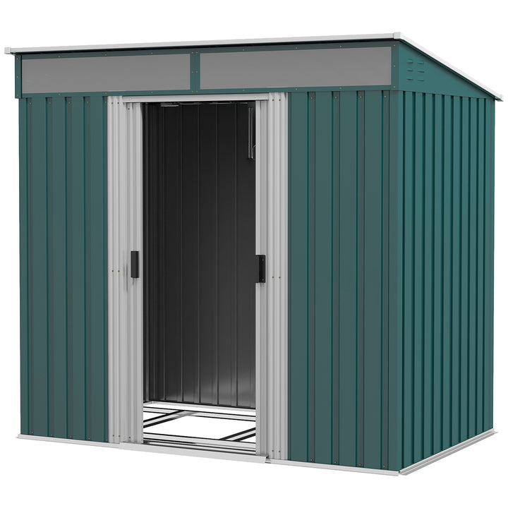 Outsunny 6.5 x 4FT Galvanised Metal Shed with Foundation, Lockable Tool Garden Shed with Double Sliding Doors and 2 Vents, Green | Aosom UK