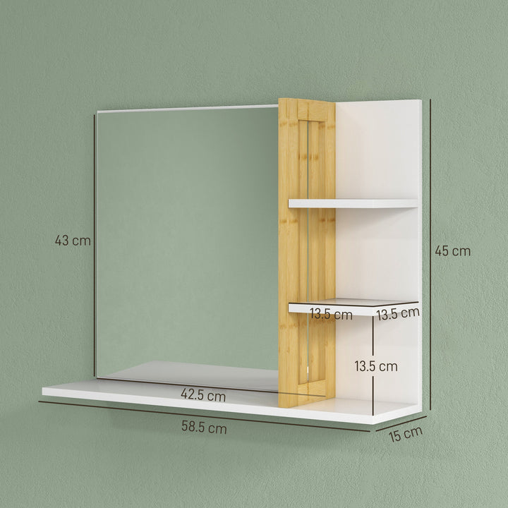 Bamboo Panel Bathroom Mirror, with Shelves - White