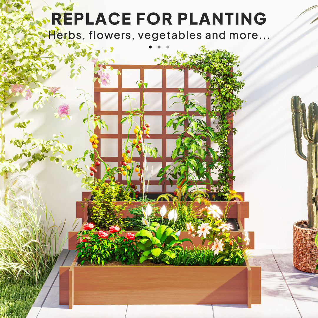 3 Tier Garden Planters with Trellis for Vine Climbing, Wooden Raised Beds, 95x95x110cm, Brown