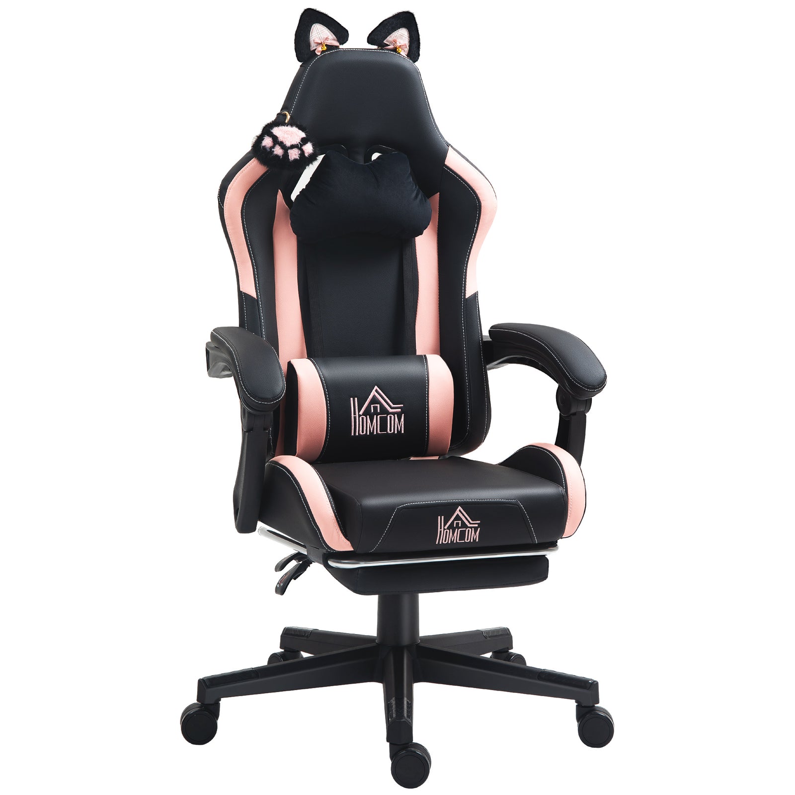 Cat Ear and Paw Reclining Office Chair, with Footrest - Black/Pink