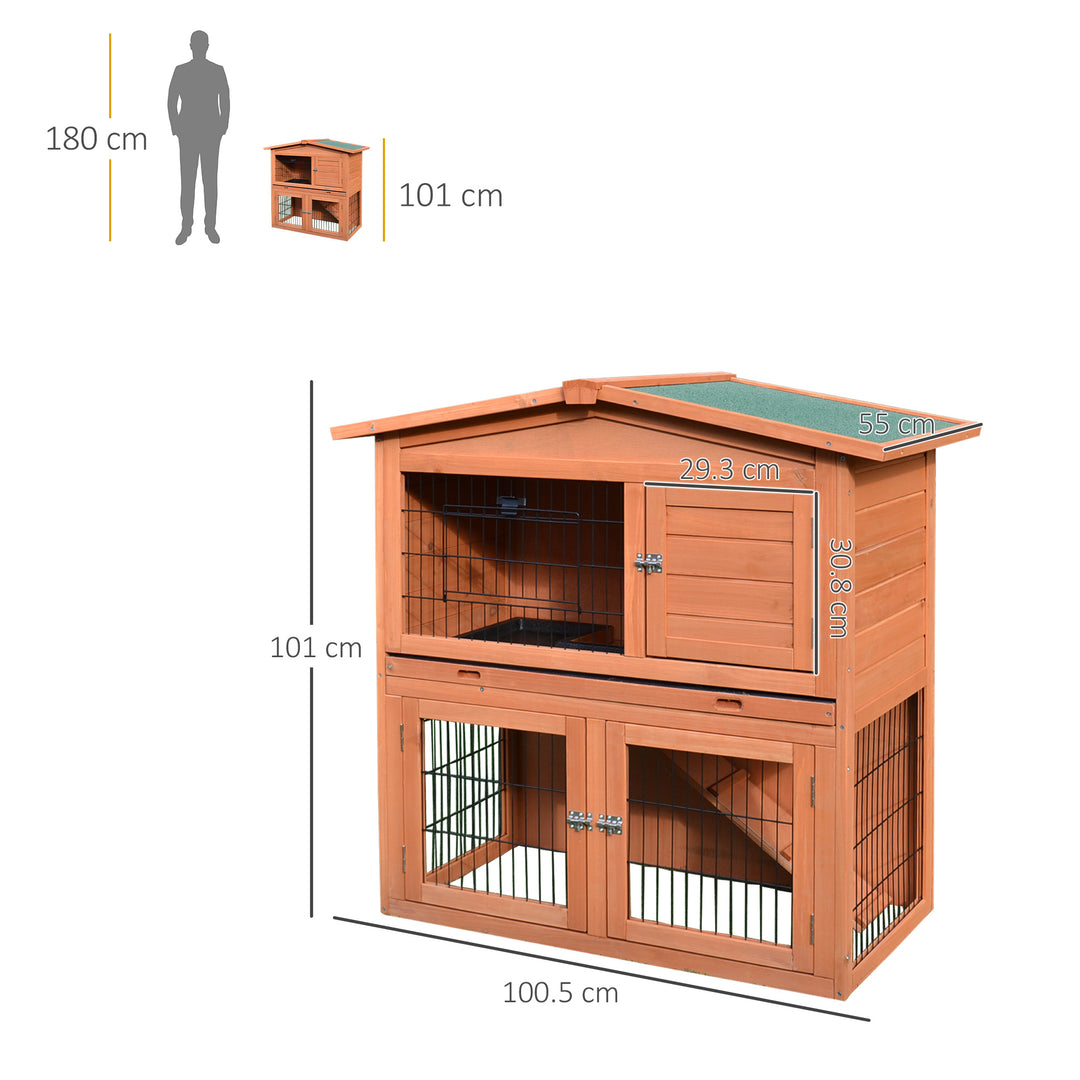 PawHut 2 Tier Rabbit Hutch Guinea Pig Hutch Ferret Cage with Ramp Slide Out Tray for Indoor Outdoor 100.5 x 55 x 101 cm | Aosom UK