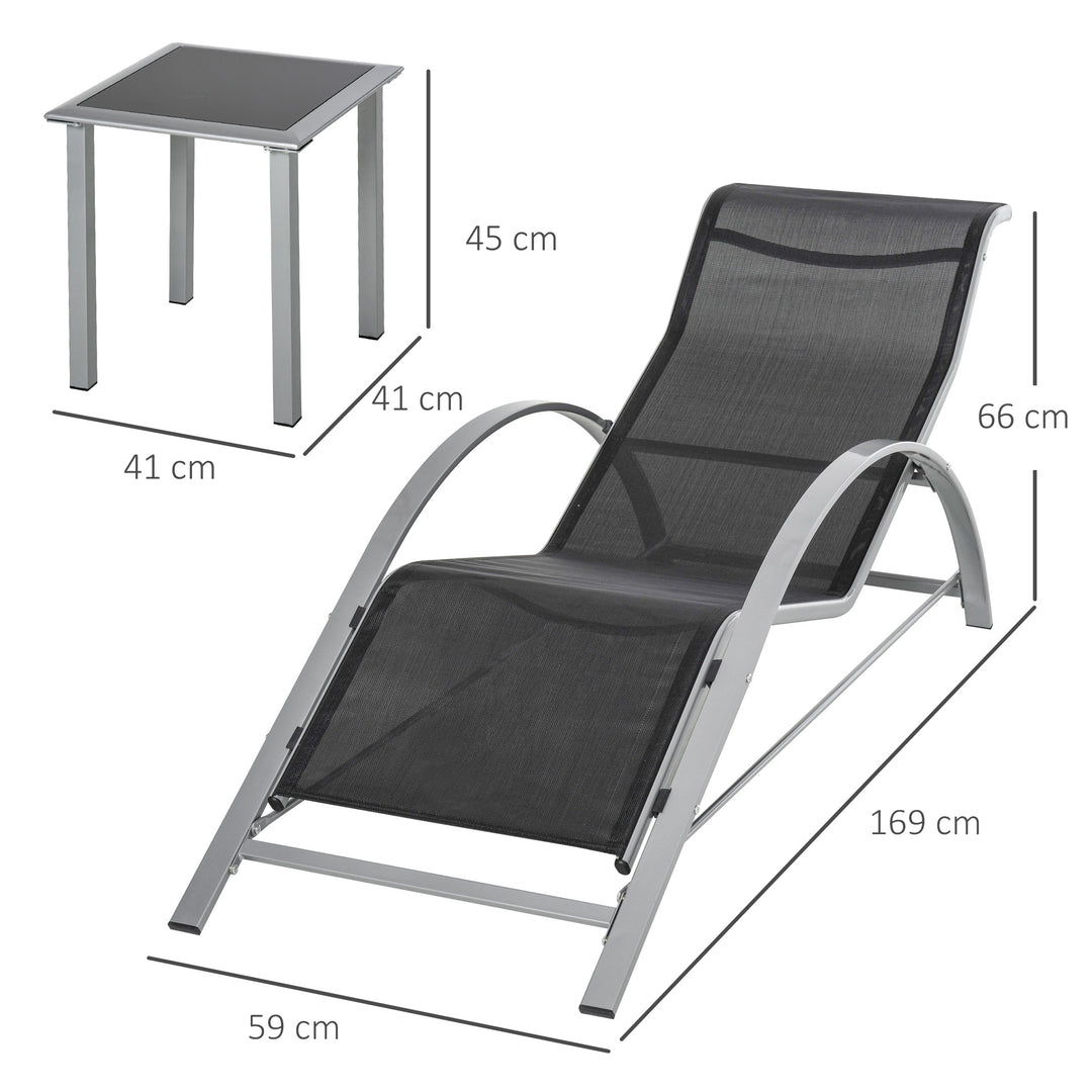 3 Pieces Sun Lounger Chair Set, Metal Frame Garden Outdoor Sunbathing Chair with Side Table and Armrest, Black