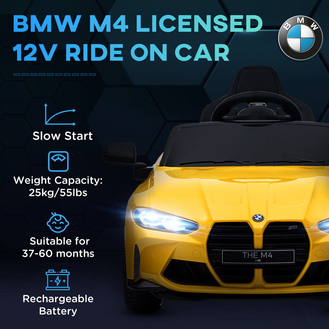 AIYAPLAY 12V BMW M4 Licensed Kids Car with Easy Transport, Remote Control, Suspension, Music, Horn, LED Lights - Yellow