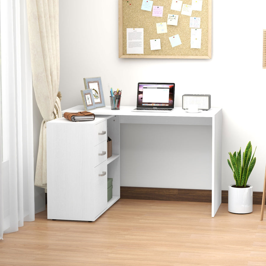 L Shaped Computer Desk, Reversible Home Office Desk with Drawers, File Cabinet and Storage Shelves, Study Table, 117 x 83.5 x 76cm, White