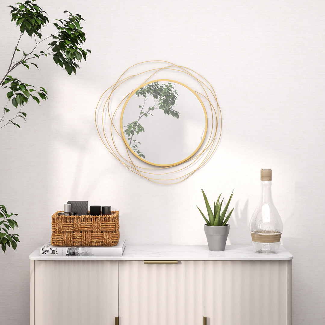 HOMCOM Abstract Metal Wire Wall Mirror, with Accessories - Gold Tone | Aosom UK