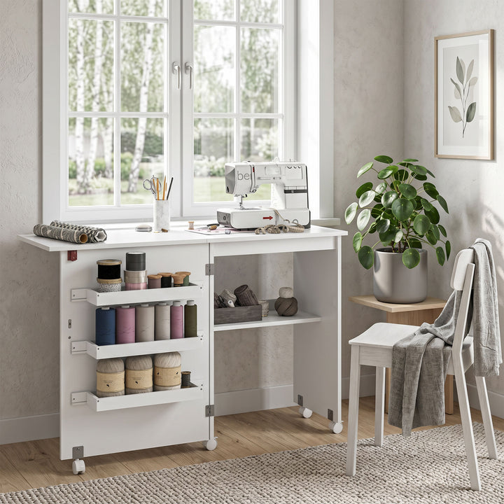 Folding Sewing Table, Drop Leaf Craft Table with Storage Bins, Open Sh