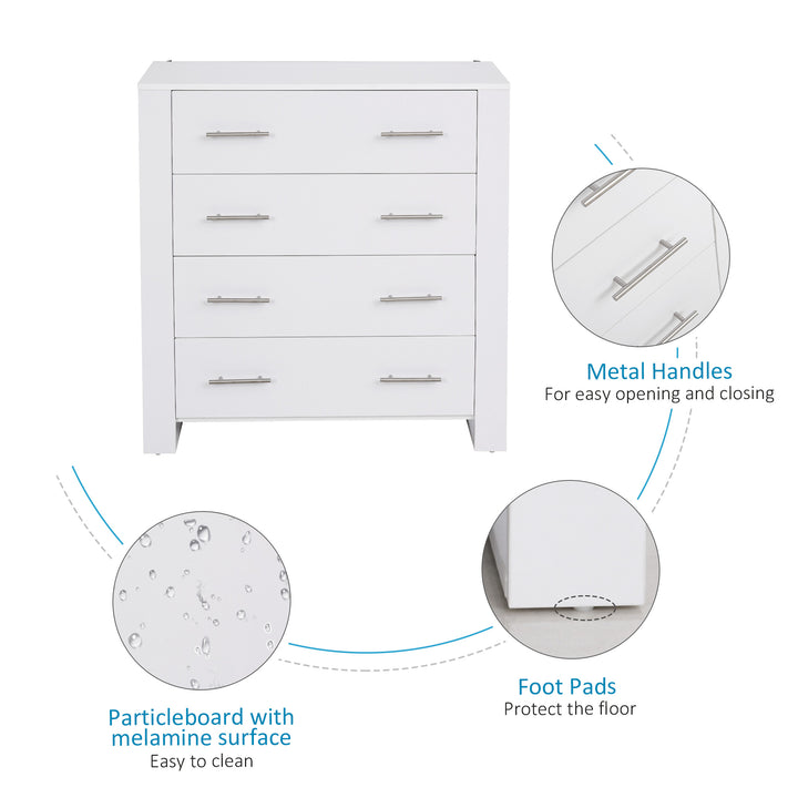 Chest Of 4 Drawers Storage Cabinet Bedroom Clothes w/Metal Handles Base Freestanding Unit Furnishing Living Room White