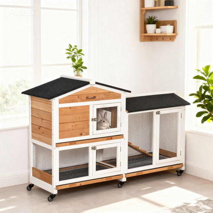 MCL Rabbit Hutch Outdoor with Run Guinea Pig Hutch 2-Tier Bunny Cage w/ Wheels No-Leak Plastic Tray 157.4 x 53 x 99.5 cm - Yellow