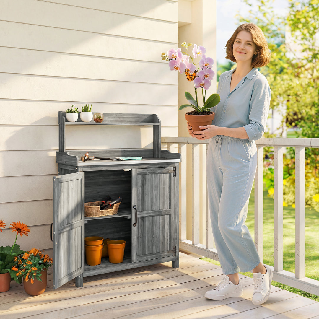 Wooden Potting Bench Table with Aluminium Worktop, Outdoor Garden Work