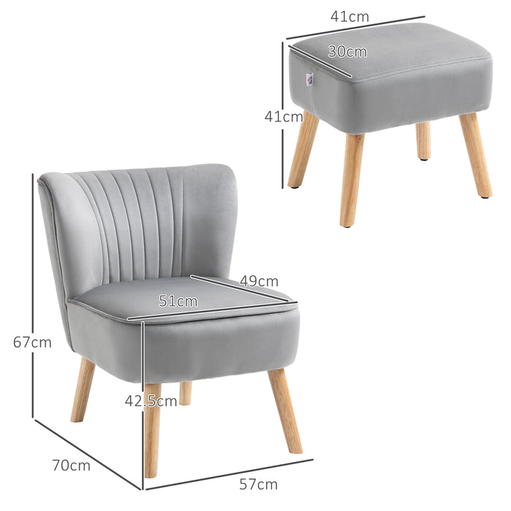 HOMCOM Velvet Accent Chair with Ottoman, Occasional Tub Seat, Curved Back, Wood Frame, Light Grey | Aosom UK