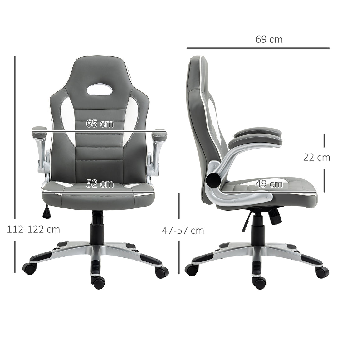 Computer Gaming Chair, Office Desk Swivel Chair, PU Leather Racing Chair with 90° Flip-up Armrest, Adjustable Height and Rolling Wheels, Grey
