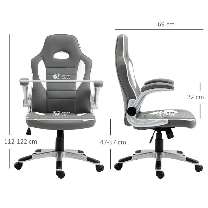 Computer Gaming Chair, Office Desk Swivel Chair, PU Leather Racing Chair with 90° Flip-up Armrest, Adjustable Height and Rolling Wheels, Grey