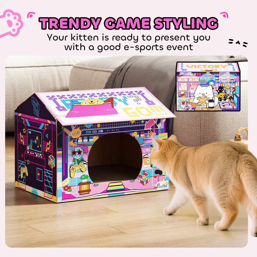 MCL 2 in 1 Gaming Style Cardboard Cat House with Scratching Board & Catnip for Indoor Cats, Pink