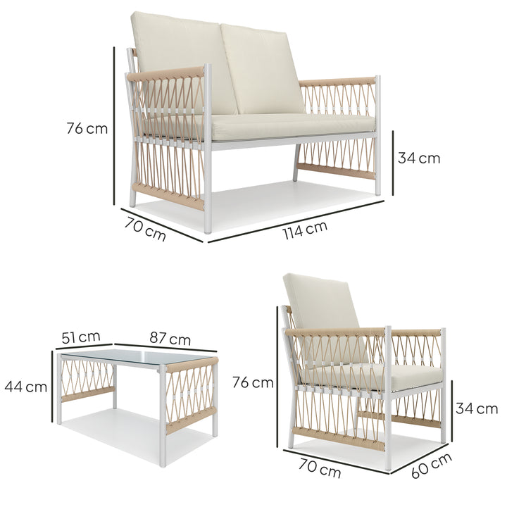 4 Piece Rattan Garden Furniture Set, 4 Seater Wicker Patio Conversation Set with 2 Armchairs, Loveseat, Glass Top Coffee Table and Cushions for Outdoor, Balcony, Khaki