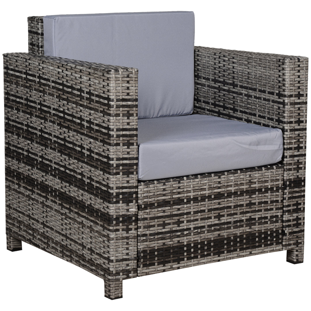 Single Seater Rattan Chair Sofa with 10 cm Thick Padded Cushion, All-Weather PE Wicker Weave Garden Armchair with Armrests, Grey