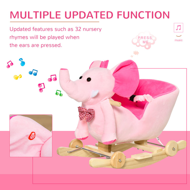 MCL 2 In 1 Plush Baby Ride on Rocking Horse Elephant Rocker with Wheels Wooden Toy for Kids 32 Songs for 18+ Months (Pink)